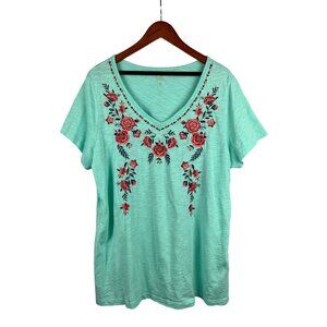 Belle By Kim Gravel Embroidered Floral Tee Size 1X Aqua Cotton/Modal